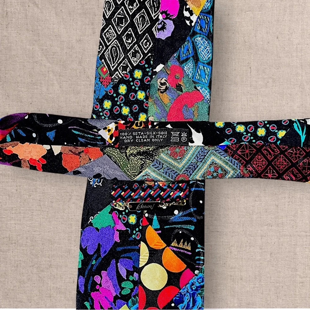 Brioni Silk Patchwork Tie Mens Multicolor Geometric Floral Luxury Designer
